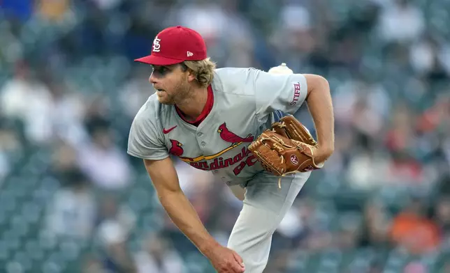 St. Louis Cardinals pitcher Kyle Leahy throws during the fourth inning in the second game of a baseball doubleheader against the Detroit Tigers, Tuesday, April 30, 2024, in Detroit. (AP Photo/Carlos Osorio)