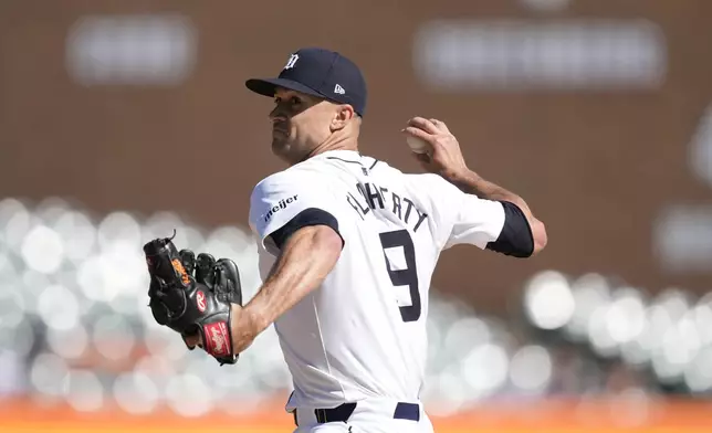 Detroit Tigers starting pitcher Jack Flaherty throws during the sixth inning in the first game of a baseball doubleheader against the St. Louis Cardinals, Tuesday, April 30, 2024, in Detroit. (AP Photo/Carlos Osorio)