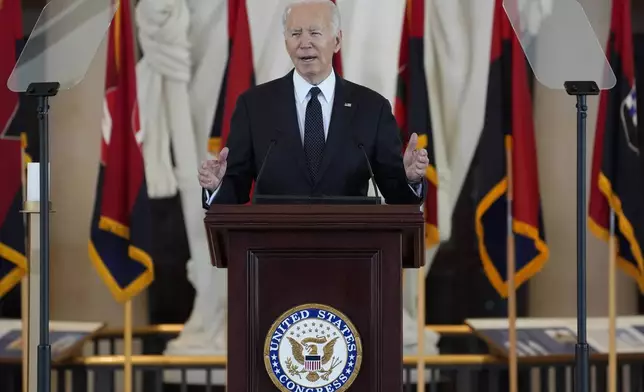 President Joe Biden speaks at the U.S. Holocaust Memorial Museum's Annual Days of Remembrance ceremony at the U.S. Capitol, Tuesday, May 7, 2024 in Washington. (AP Photo/Evan Vucci)