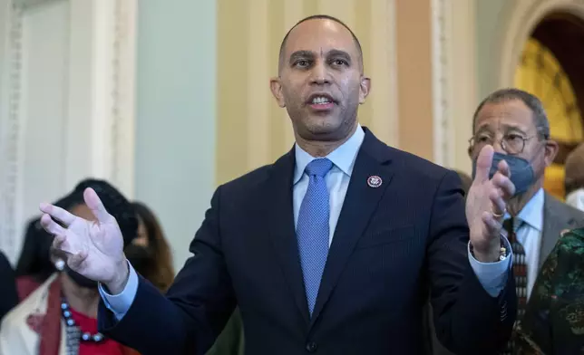 FILE - Rep. Hakeem Jeffries, D-N.Y., alongside other members of the Congressional Black Caucus, speaks in front of the Senate chambers about their support of voting rights legislation at the Capitol in Washington, Jan. 19, 2022. (AP Photo/Amanda Andrade-Rhoades, File)