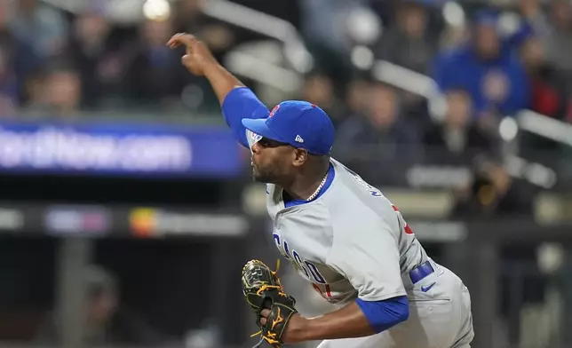 Chicago Cubs' Héctor Neris pitches during the ninth inning of a baseball game against the New York Mets, Wednesday, May 1, 2024, in New York. The Cubs won 1-0. (AP Photo/Frank Franklin II)