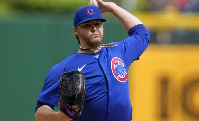 Chicago Cubs starting pitcher Justin Steele delivers during the first inning of a baseball game against the Pittsburgh Pirates in Pittsburgh, Saturday, May 11, 2024. (AP Photo/Gene J. Puskar)