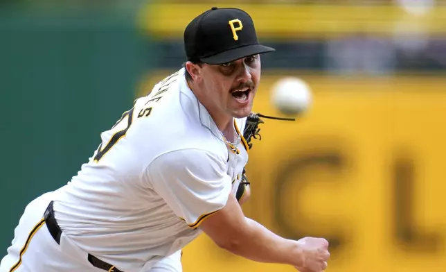 Pittsburgh Pirates starting pitcher Paul Skenes, making his major league debut, delivers during the first inning of a baseball game against the Chicago Cubs in Pittsburgh, Saturday, May 11, 2024. (AP Photo/Gene J. Puskar)