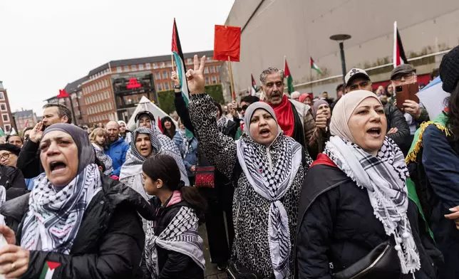 The demonstration 'Everyone on the street for a free Palestine' at Forum in Copenhagen, Denmark, Sunday May 5, 2024. The demonstration has caused debate because it takes place on Denmarks WWII Liberation Day. (Ólafur Steinar Rye Gestsson/Ritzau Scanpix via AP)