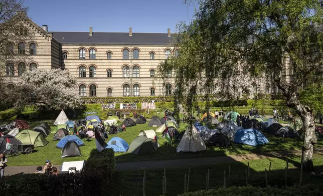 Students protest against Gaza war after they set up a tent camp at the University of Copenhagen's City Campus, in Copenhagen Denmark, Tuesday May 7, 2024. The tent camp, which is part of a pro-Palestinians demonstration, was established on Monday. (Mads Claus Rasmussen/Ritzau Scanpix via AP)