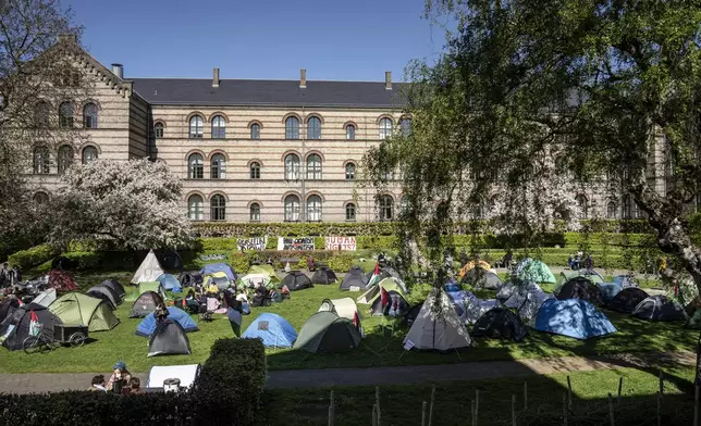 Students protest against Gaza war in a tent camp at the University of Copenhagen's City Campus, in Copenhagen Denmark, Tuesday May 7, 2024. The tent camp, which is part of a pro-Palestinians demonstration, was established on Monday. (Mads Claus Rasmussen/Ritzau Scanpix via AP)