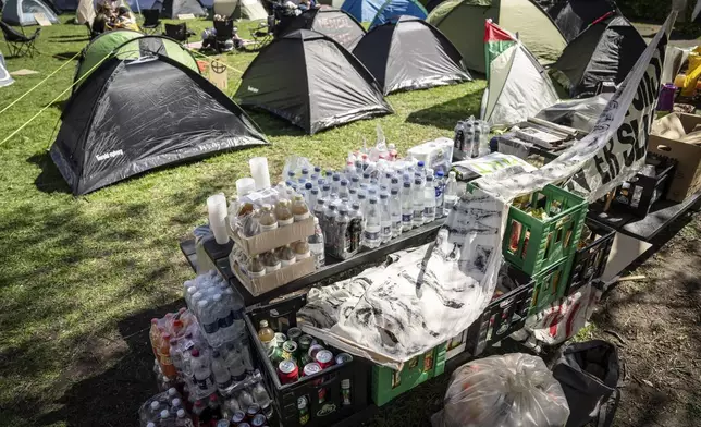 Food and beverage for students protesting against Gaza war in a tent camp is seen at the University of Copenhagen's City Campus, in Copenhagen Denmark, Tuesday May 7, 2024. The tent camp, which is part of a pro-Palestinians demonstration, was established on Monday. (Mads Claus Rasmussen/Ritzau Scanpix via AP)