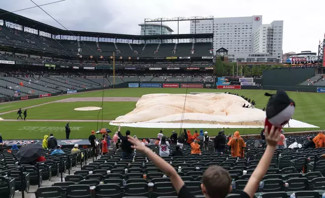 People react as the field is uncovered after a rain delay during a baseball game between the Arizona Diamondbacks and the Baltimore Orioles, Sunday, May 12, 2024, in Baltimore. (AP Photo/Jose Luis Magana)