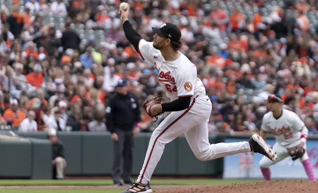 Baltimore Orioles starting pitcher Dean Kremer (64) throws during the second inning of a baseball game against the Arizona Diamondbacks, Sunday, May 12, 2024, in Baltimore. (AP Photo/Jose Luis Magana)