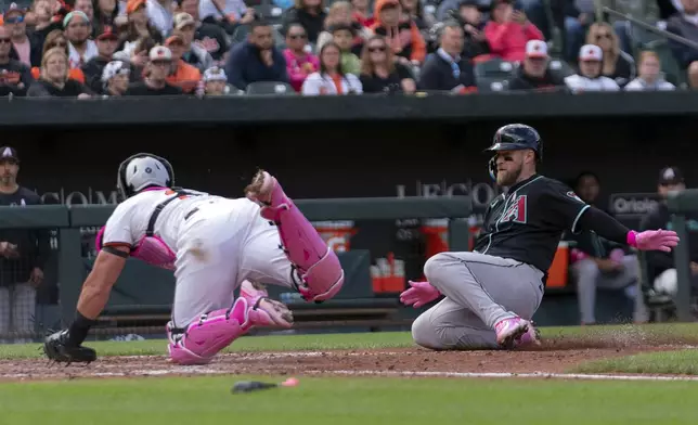 Arizona Diamondbacks catcher Tucker Barnhart, right, slides into home plate as Baltimore Orioles catcher James McCann, left, tries to block during a baseball game Sunday, May 12, 2024, in Baltimore. (AP Photo/Jose Luis Magana)