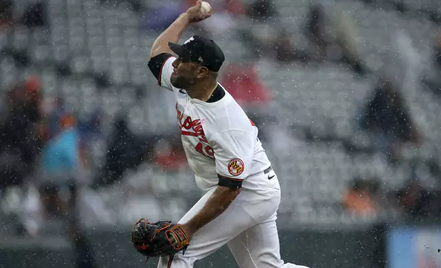 Baltimore Orioles pitcher Albert Suárez throws in the rain during a baseball game against the Arizona Diamondbacks, Sunday, May 12, 2024, in Baltimore. (AP Photo/Jose Luis Magana)