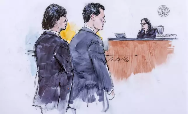 In this courtroom sketch, Ippei Mizuhara, left, the former longtime interpreter for the Los Angeles Dodgers star Shohei Ohtani appears in federal court in Los Angeles, Tuesday, May 14, 2024. (Bill Robles via AP)