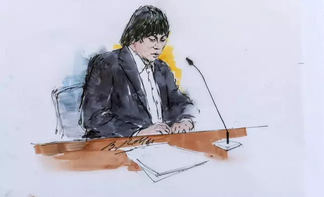 In this courtroom sketch, Ippei Mizuhara, the former longtime interpreter for the Los Angeles Dodgers star Shohei Ohtani appears in federal court in Los Angeles, Tuesday, May 14, 2024. (Bill Robles via AP)