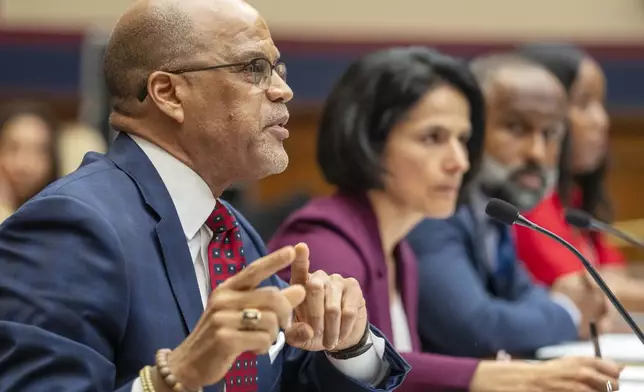 From left, David Banks, chancellor of New York Public schools, speaks next to Karla Silvestre, President of the Montgomery Count (Md.) Board of Education, Emerson Sykes, Staff Attorney with the ACLU, and Enikia Ford Morthel, Superintendent of the Berkeley United School District, during a hearing on antisemitism in K-12 public schools, at the House Subcommittee on Early Childhood, Elementary, and Secondary Education, Wednesday, May 8, 2024, on Capitol Hill in Washington. (AP Photo/Jacquelyn Martin)