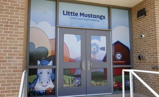 The entrance to Little Mustangs Child Learning Academy is seen Wednesday, Feb. 21, 2024, in Richardson, Texas. (Elías Valverde II/The Dallas Morning News via AP)