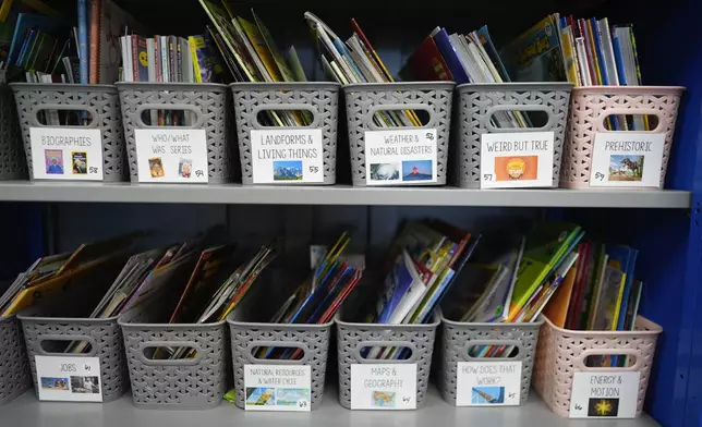 Books are organized by theme inside the classroom of third grade teacher Megan Foster at A.D. Henderson School in Boca Raton, Fla., Tuesday, April 16, 2024. When teachers at the K-8 public school, one of the top-performing schools in Florida, are asked how they succeed, one answer is universal: They have autonomy. (AP Photo/Rebecca Blackwell)