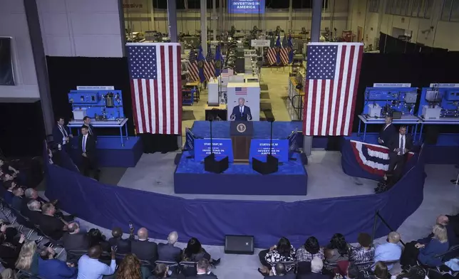 President Joe Biden delivers remarks on his "Investing in America agenda" at Gateway Technical College, Wednesday, May 8, 2024, in Sturtevant, Wis. (AP Photo/Evan Vucci)
