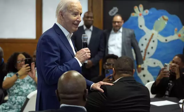 President Joe Biden meets with campaign volunteers at the Dr. John Bryant Community Center, Wednesday, May 8, 2024, in Racine, Wis. (AP Photo/Evan Vucci)