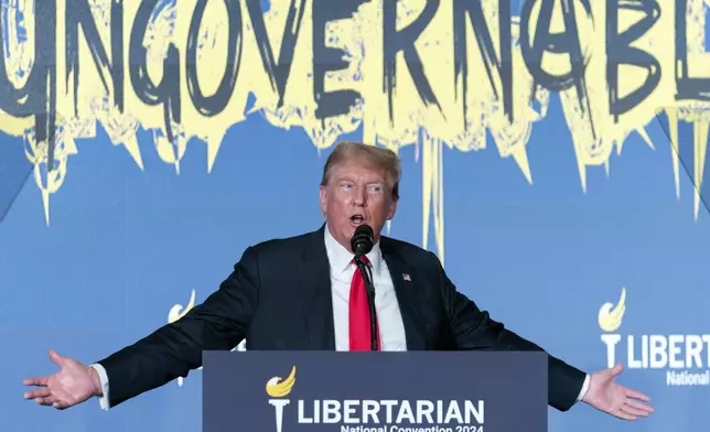Republican presidential candidate, former President Donald Trump speaks at the Libertarian National Convention at the Washington Hilton in Washington, Saturday, May 25, 2024. (AP Photo/Jose Luis Magana)