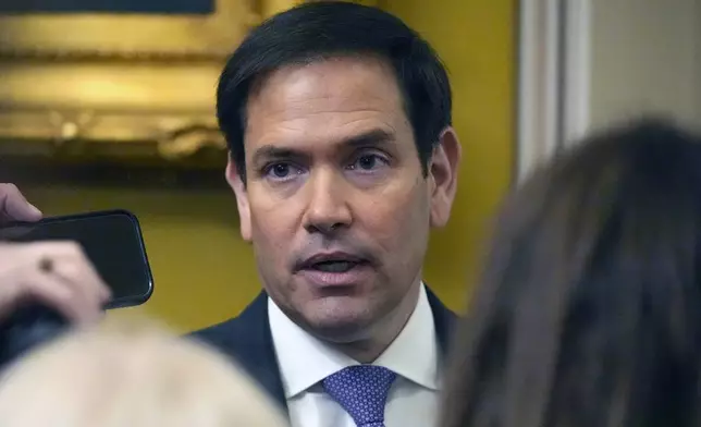 FILE - Sen. Marco Rubio, R-Fla., speaks with members of the media, Wednesday, Feb. 28, 2024, at the Capitol in Washington. (AP Photo/Mark Schiefelbein, File)