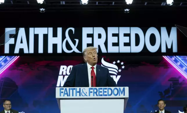 FILE - Republican presidential candidate former President Donald Trump speaks during the Faith &amp; Freedom Coalition Policy Conference in Washington, June 24, 2023. (AP Photo/Jose Luis Magana, File)