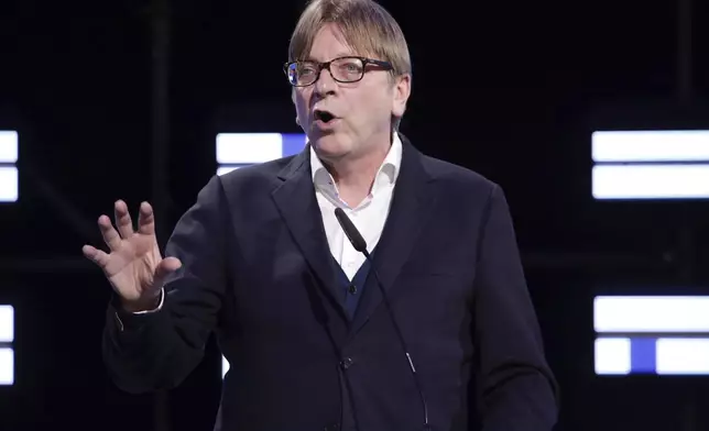 FILE - President of the Alliance of Liberals and Democrats for Europe, Guy Verhofstadt, speaks in the hemicycle of the European Parliament in Brussels, on May 26, 2019. While 27 nations with often inefficient individual defense programs have left western Europe at the mercy of U.S. goodwill for much of the past half century, Verhofstadt wants a full defense union to stave off a belligerent Russia, and anticipate a non-committal United States if Donald Trump becomes president in November. (AP Photo/Olivier Matthys, File)