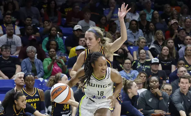 Indiana Fever guard Lexie Hull, center top, fouls Dallas Wings' Jaelyn Brown (18) during the second half of an WNBA basketball game in Arlington, Texas, Friday, May 3, 2024. (AP Photo/Michael Ainsworth)