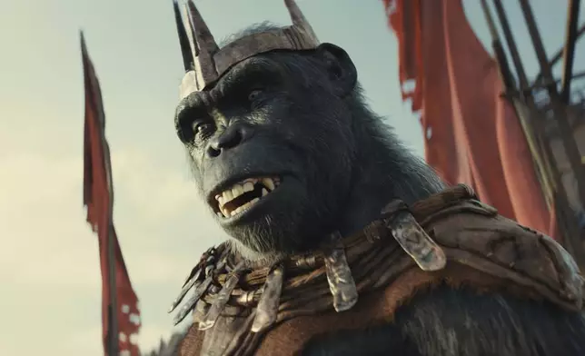 This image released by 20th Century Studios shows Proximus Caesar, played by Kevin Durand, in a scene from "Kingdom of the Planet of the Apes." (20th Century Studios via AP)