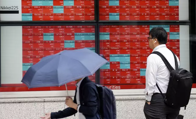 FILE- A person looks at an electronic stock board showing Japan's stock prices at a securities firm in Tokyo, on April 30, 2024. Asian stocks fell Wednesday, May 1, 2024 with most of the markets in the region closed for a holiday. Meanwhile, U.S. stocks closed out their worst month since September. (AP Photo/Eugene Hoshiko, File)