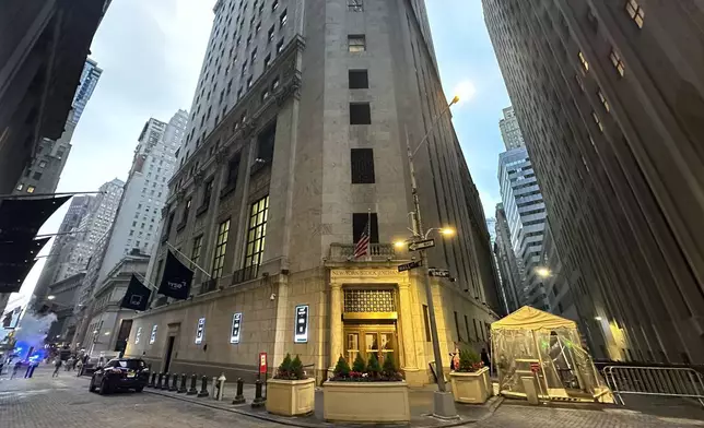 FILE - An entrance to the New York Stock Exchange is shown on May 8, 2024, in New York. Shares opened lower in Europe on Thursday, May 16, 2024, after most Asian benchmarks gained, tracking a Wall Street rally driven by hopes that inflation is heading back in the right direction. (AP Photo/Peter Morgan, File)