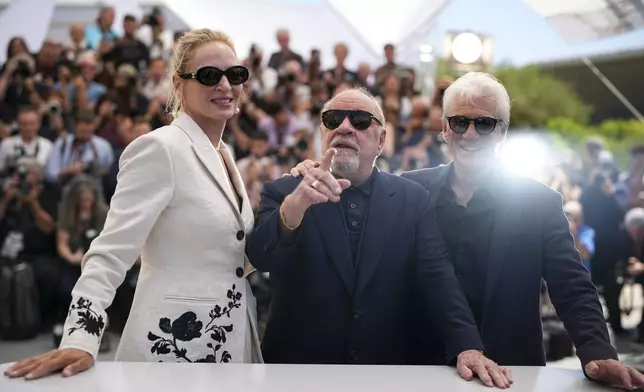 Uma Thurman, from left, director Paul Schrader, and Richard Gere pose for photographers at the photo call for the film 'Oh, Canada' at the 77th international film festival, Cannes, southern France, Saturday, May 18, 2024. (Photo by Daniel Cole/Invision/AP)
