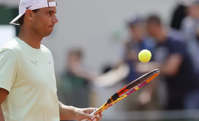 Spain's Rafael Nadal trains at the Roland Garros stadium, Saturday, May 25, 2024 in Paris. The French Open tennis tournament starts Sunday May 26, 2024. (AP Photo/Jean-Francois Badias)