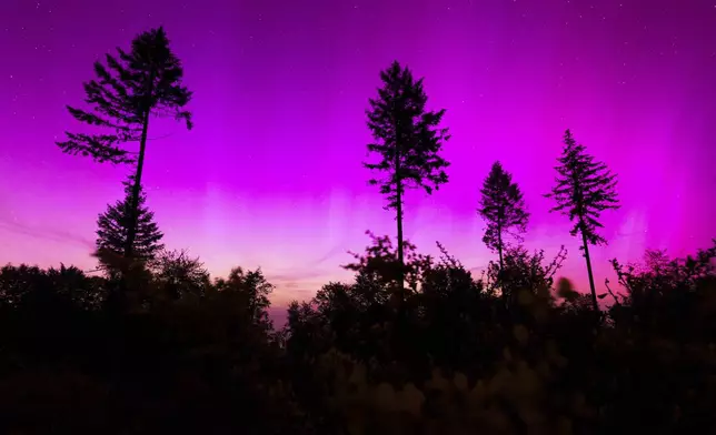Northern lights appear in the night sky over the Pferdskopf near Treisberg in the Hochtaunus district of Hesse, Germany, early Saturday, May 11, 2024. (Lando Hass/dpa via AP)