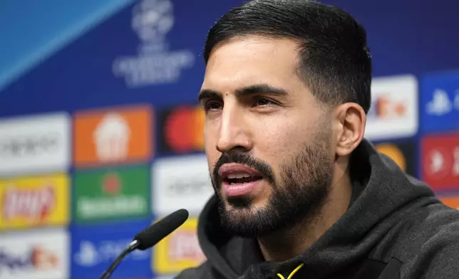 Dortmund's Emre Can talks to the media at a press conference prior the Champions League semifinal first leg soccer match between Borussia Dortmund and Paris Saint-Germain at the Signal-Iduna Park in Dortmund, Germany, Tuesday, April 30, 2024. (AP Photo/Martin Meissner)