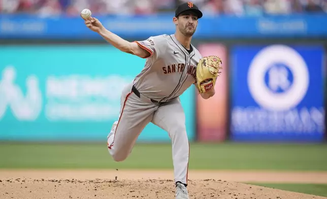 San Francisco Giants' Mason Black pitches during the first inning of a baseball game against the Philadelphia Phillies, Monday, May 6, 2024, in Philadelphia. (AP Photo/Matt Rourke)