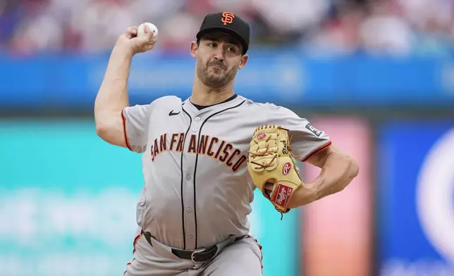 San Francisco Giants' Mason Black pitches during the first inning of a baseball game against the Philadelphia Phillies, Monday, May 6, 2024, in Philadelphia. (AP Photo/Matt Rourke)