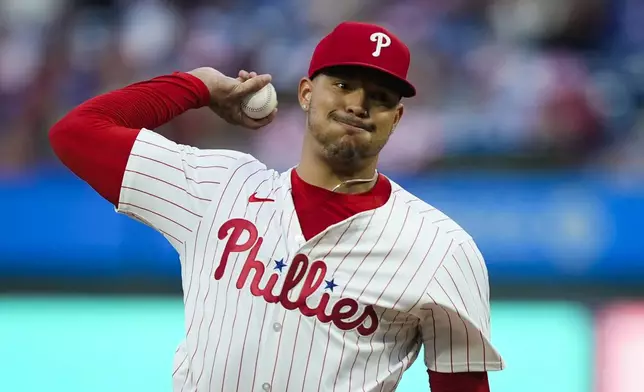 Philadelphia Phillies' Taijuan Walker pitches during the first inning of a baseball game against the San Francisco Giants, Sunday, May 5, 2024, in Philadelphia. (AP Photo/Matt Rourke)