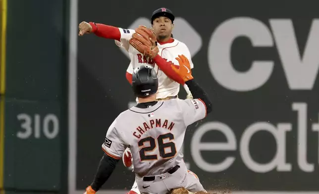 Boston Red Sox second baseman Enmanuel Valdez tags out San Francisco Giants' Matt Chapman (26) for the first out of a double play throwing to first during the ninth inning of a baseball game against the San Francisco Giants, Wednesday, May 1, 2024, in Boston. (AP Photo/Mark Stockwell)