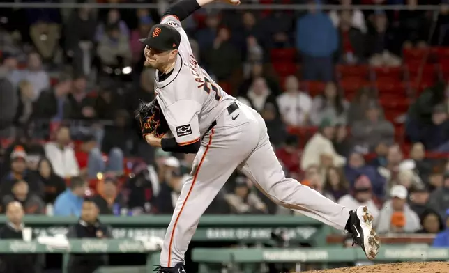 San Francisco Giants relief pitcher Luke Jackson throws during the sixth inning of a baseball game against the Boston Red Sox, Wednesday, May 1, 2024, in Boston. (AP Photo/Mark Stockwell)