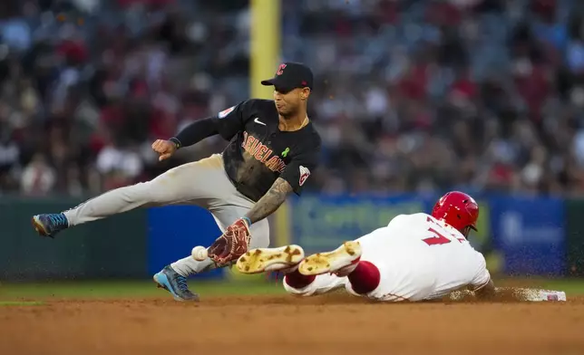 Los Angeles Angels' Jo Adell (7) is caught stealing second by Cleveland Guardians shortstop Brayan Rocchio, left, during the fourth inning of a baseball game in Anaheim, Calif., Saturday, May 25, 2024. (AP Photo/Ashley Landis)