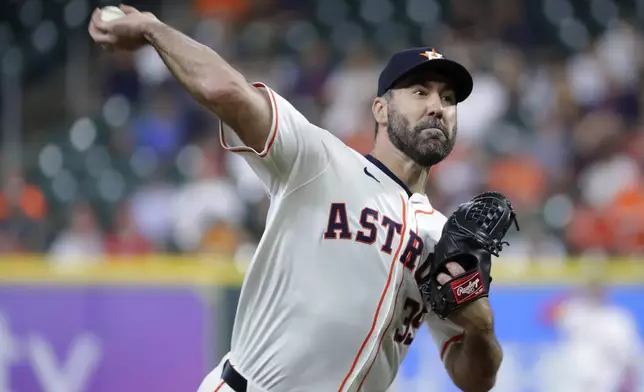 Houston Astros starting pitcher Justin Verlander throws against the Cleveland Guardians during the first inning of a baseball game Wednesday, May 1, 2024, in Houston. (AP Photo/Michael Wyke)