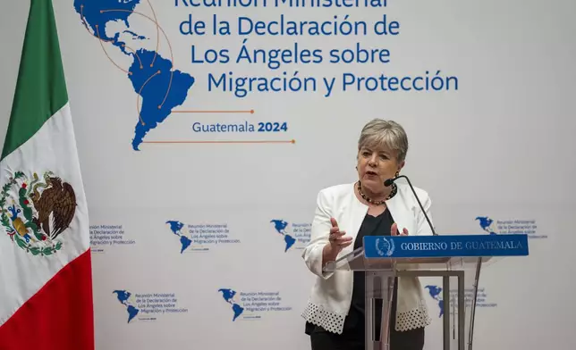 Mexico's Secretary of Foreign Affairs Alicia Barcena speaks during a press conference at the national palace in Guatemala City, Tuesday, May 7, 2024. Barcena is in Guatemala attending a regional meeting on irregular migration with U.S. Secretary of State Antony Blinken. (AP Photo/Moises Castillo)
