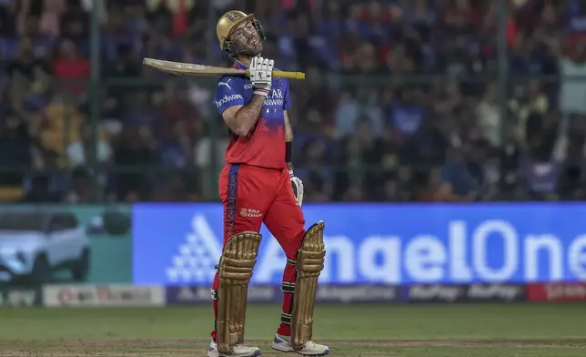 Royal Challengers Bengaluru's Glenn Maxwell reacts after being dismissed by Gujarat Titans' Joshua Little during the Indian Premier League cricket match between Royal Challengers Bengaluru and Gujarat Titans in Bengaluru, India, Saturday, May 4, 2024. (AP Photo)