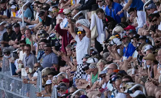 A fan, center, cheers during the running of the Indianapolis 500 auto race at Indianapolis Motor Speedway in Indianapolis, Sunday, May 26, 2024. (AP Photo/AJ Mast)