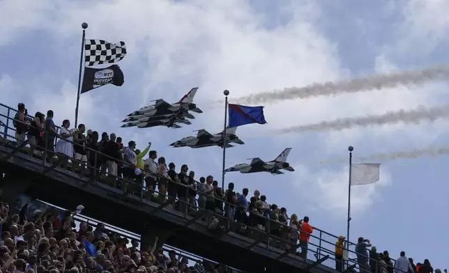 The United States Air Force Thunderbirds perform a flyover before the Indianapolis 500 auto race at Indianapolis Motor Speedway, Sunday, May 26, 2024, in Indianapolis. (AP Photo/Darron Cummings)