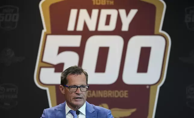 Indianapolis Motor Speedway President Doug Boles discusses the incoming inclement weather before the Indianapolis 500 auto race at Indianapolis Motor Speedway in Indianapolis, Saturday, May 25, 2024. (AP Photo/Michael Conroy)