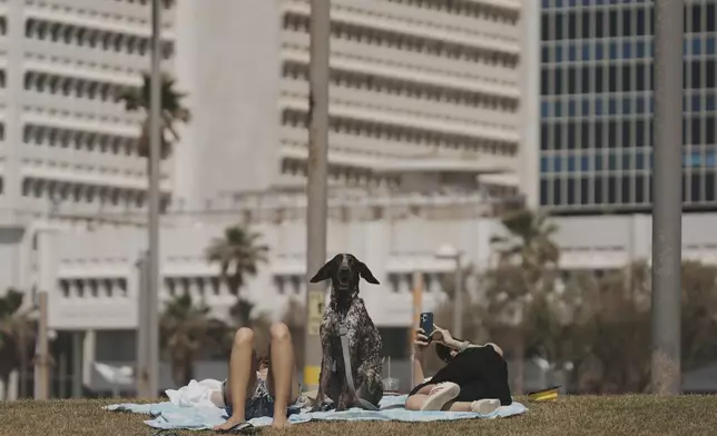 People lie on the grass with their dog during Israel's Independence Day celebrations at a park in Tel Aviv, Tuesday, May 14, 2024. Israelis are marking 76 years since Israel's creation. (AP Photo/Ohad Zwigenberg).