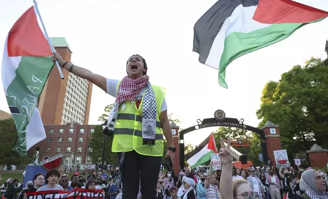 Pro-Palestinian protesters rally at St. Louis University, Wednesday, May 1, 2024, in St. Louis. (David Carson/St. Louis Post-Dispatch via AP)