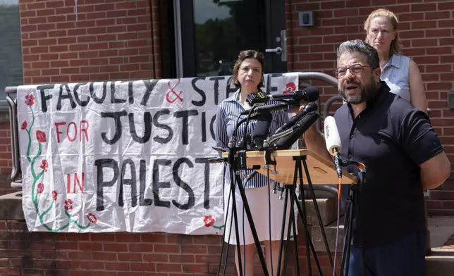 George Mason University professor Bassam Haddad speaks during a news conference after police cleared a pro-Palestinian tent encampment at George Washington University early Wednesday and arrested demonstrators, Wednesday, May 8, 2024, in Washington. (AP Photo/Jose Luis Magana)