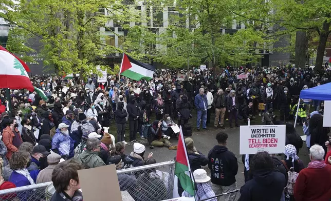 A group of pro-Palestinian protesters gathered at Portland State University in support of a cease-fire in the Israel-Hamas war, Monday, April 29, 2024, in Portland, Ore. (Beth Nakamura/The Oregonian via AP)